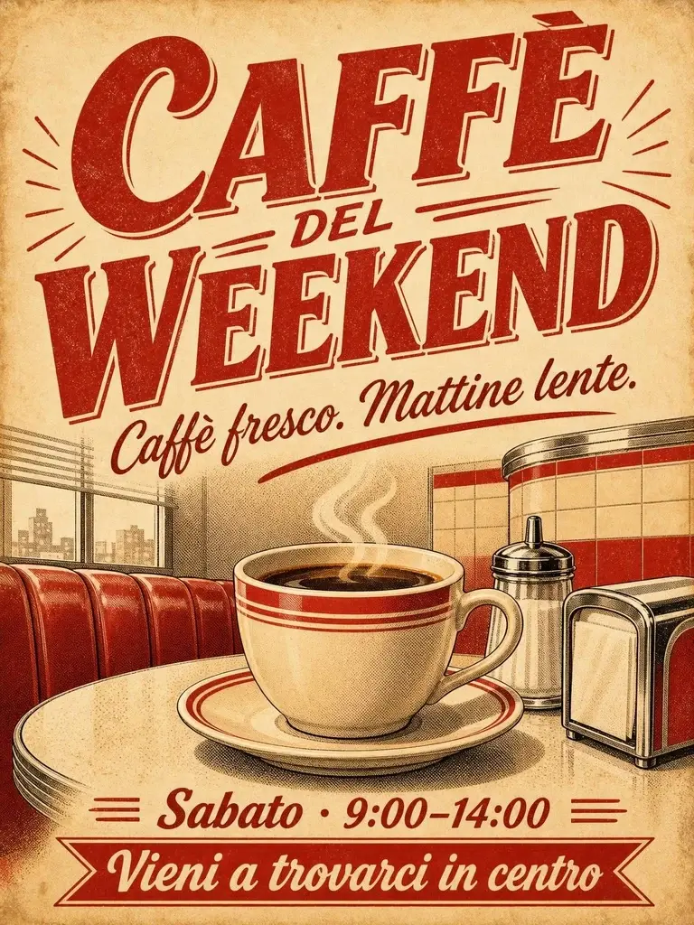 Poster del caffè del weekend con tazza fumante, illustrazione diner rossa e testi promozionali
