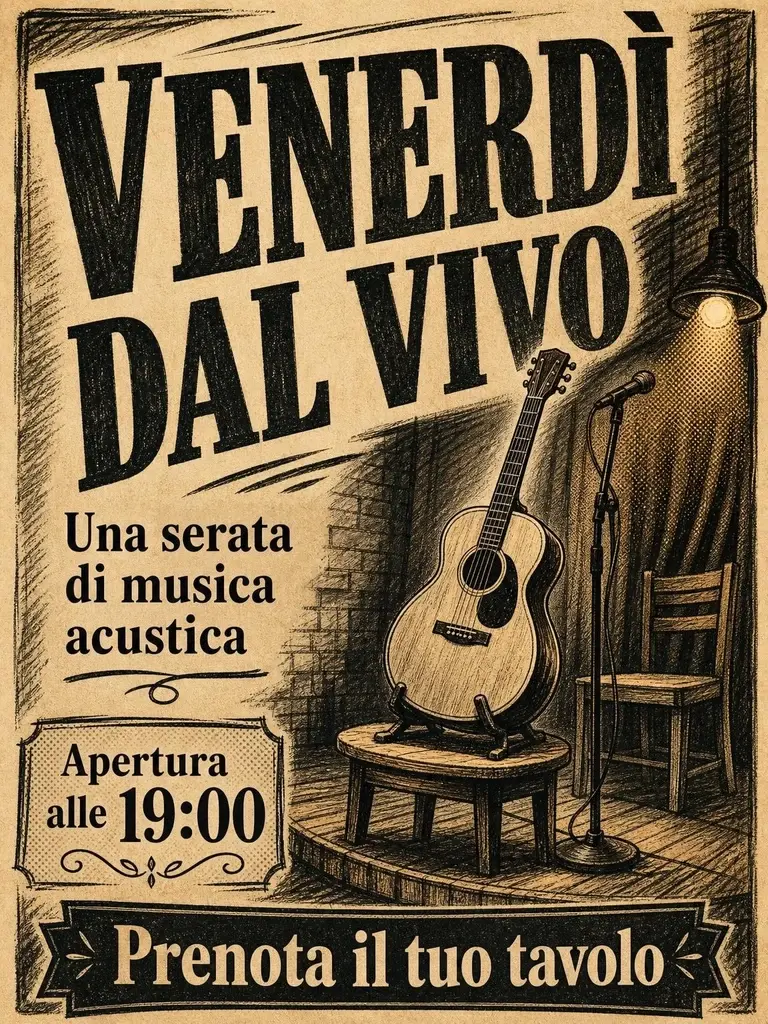 Poster di musica dal vivo con chitarra acustica, stile giornale e informazioni sull’evento