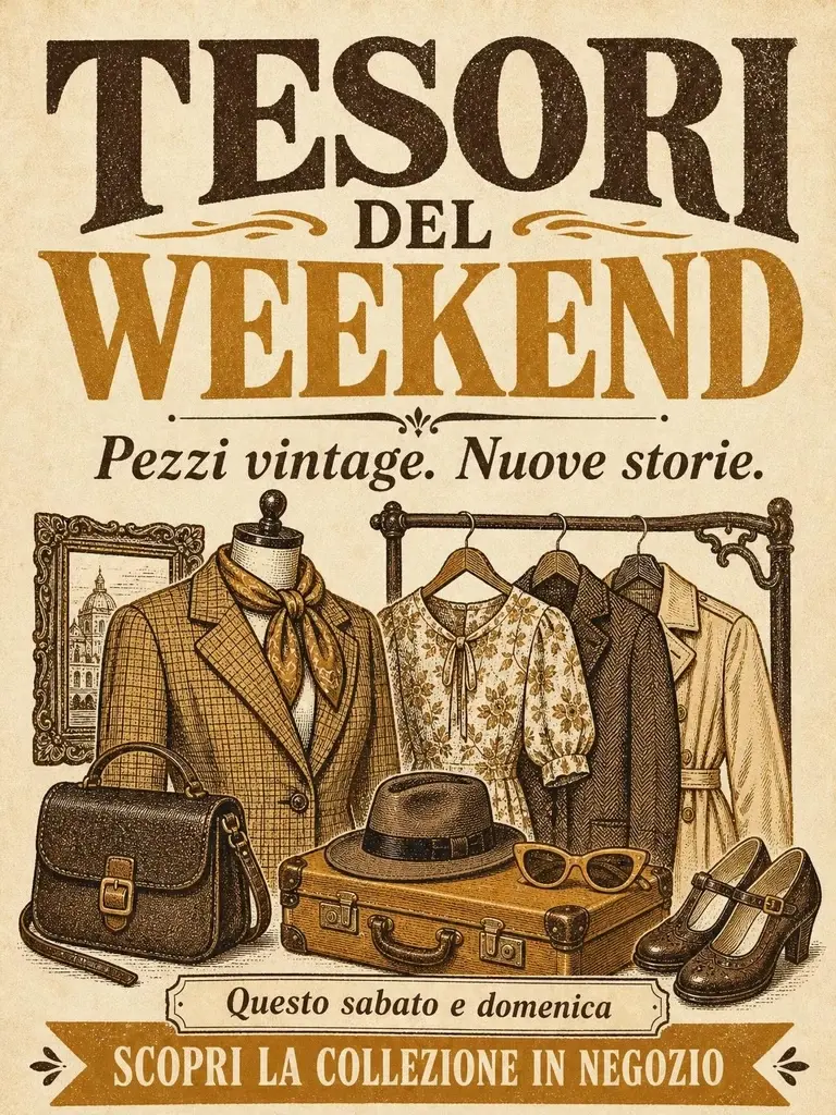 Poster dei tesori del weekend con abiti vintage, illustrazione ocra in stile tipografico e invito in negozio