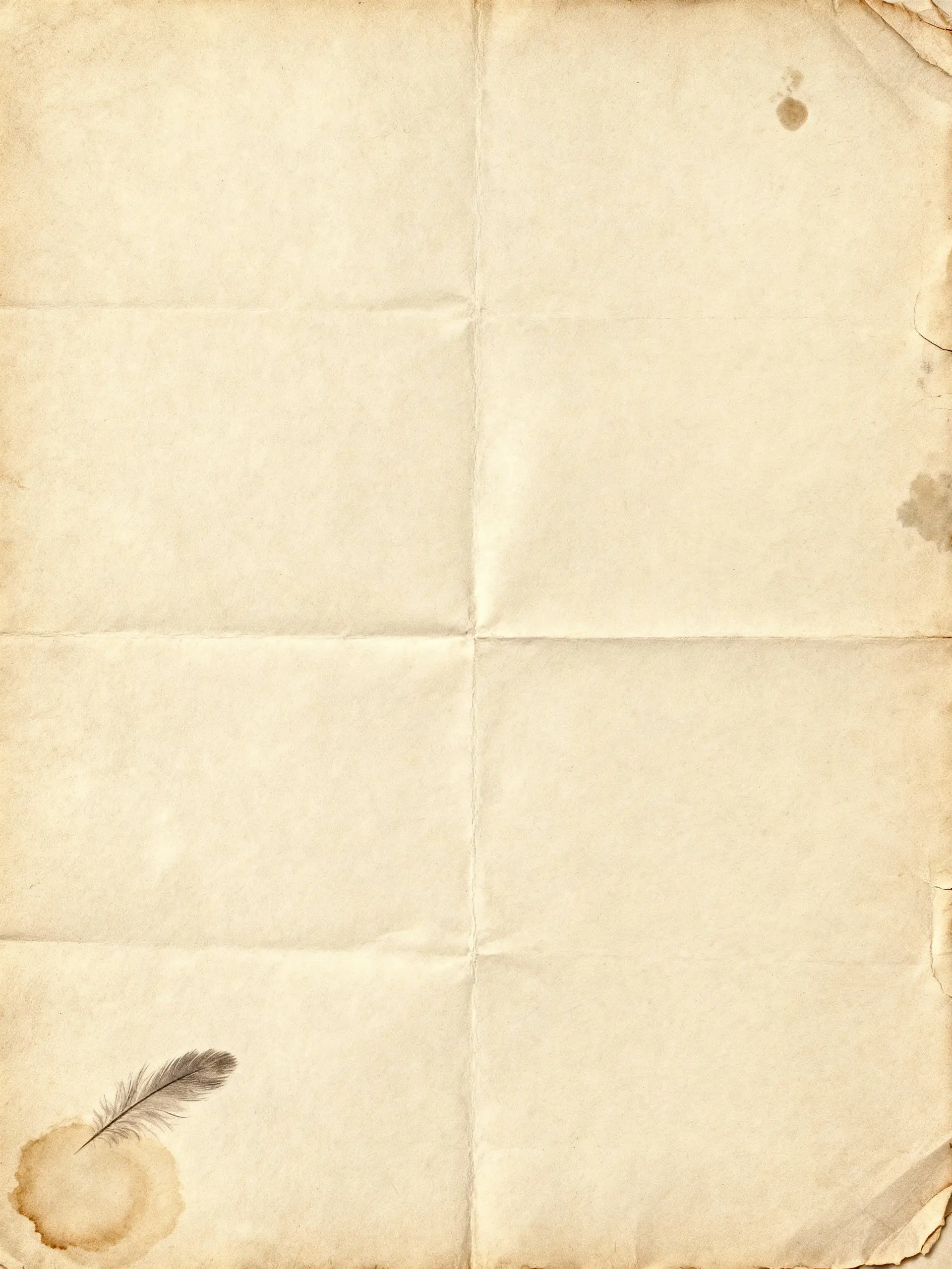 Soft feathered ink blot near the lower left corner.  
Small water stain on the top right edge.  
Very subtle crease lines across the page from folding.  
A faint smudge as if from handling old paper near the right margin.  
Gently uneven edges to mimic natural wear.  
Very light coffee-ring stain in the bottom left corner.