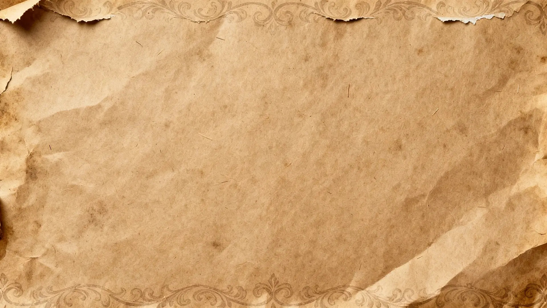 Realistic old parchment background, slightly dirty and naturally aged, warm brown vintage tone. Subtle elegant medium-level ornamental decoration integrated into the paper texture, not too strong. Horizontal layout (landscape). Soft realistic lighting. Slight natural paper tears on the top and bottom edges, organic and minimal. No text, no icons, no objects, no symbols — only the background with gentle ornaments and aged paper texture.