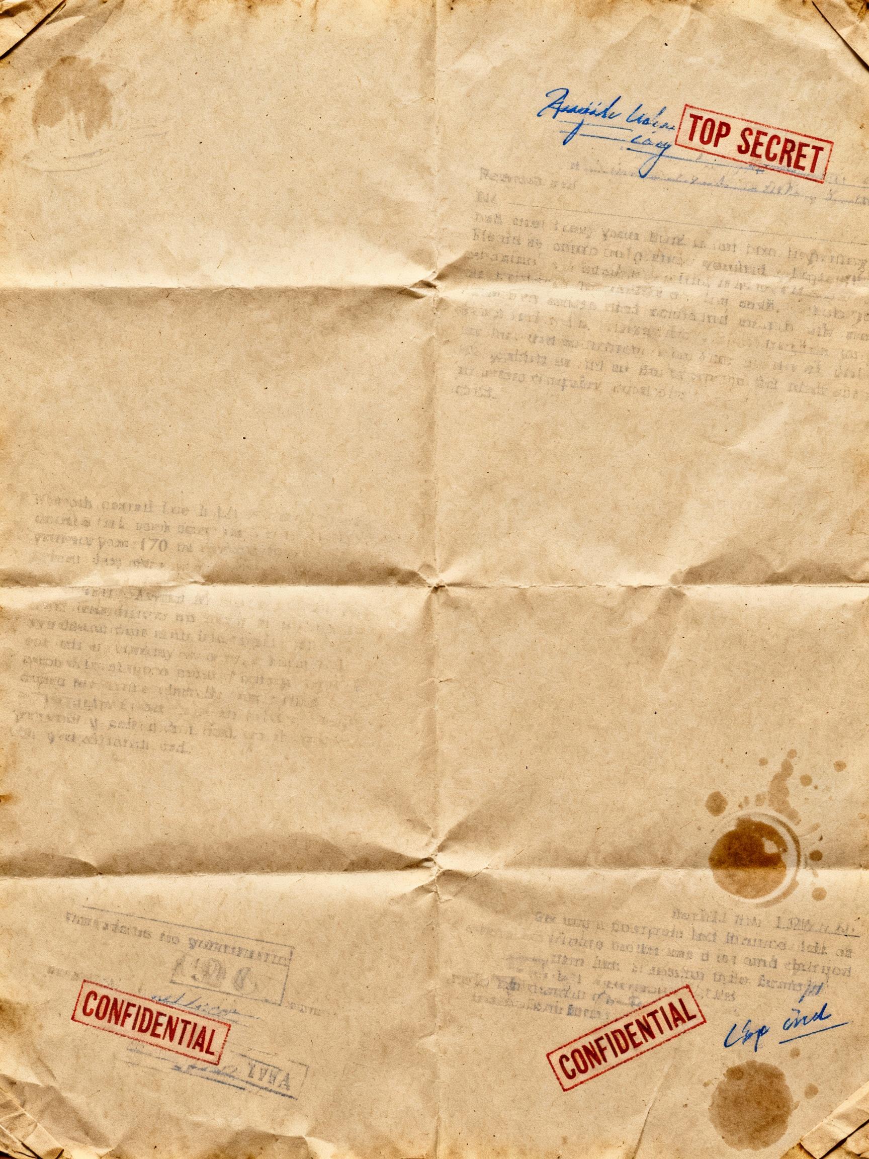 A highly detailed 1970s CIA classified report paper background, aged and yellowed with visible paper texture, folded edges, subtle ink smudges, coffee cup stains, handwritten pen notes in blue ink, faint red “TOP SECRET” and “CONFIDENTIAL” stamps, slightly crumpled surface, typewriter text ghosting in the background, warm beige tone, realistic lighting, 8K ultra-detailed scan, cinematic flat lay, perfect for eBook page design