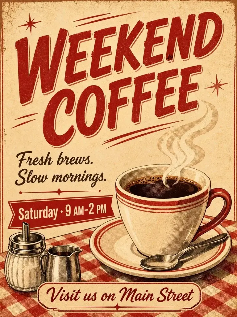 Weekend coffee poster with a steaming cup, red diner illustration and promotional text