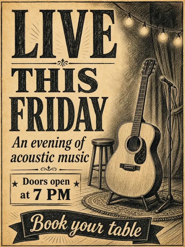 Friday live music poster with an acoustic guitar, newspaper illustration and event details