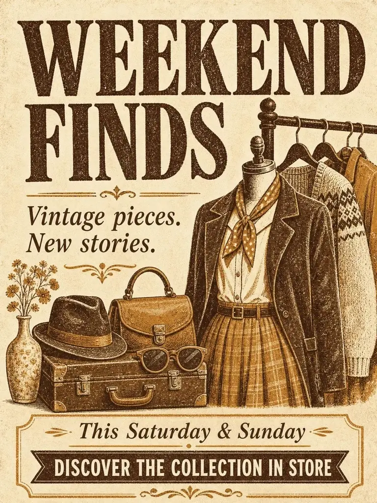 Weekend finds poster with vintage clothing, ochre letterpress illustration and store invitation