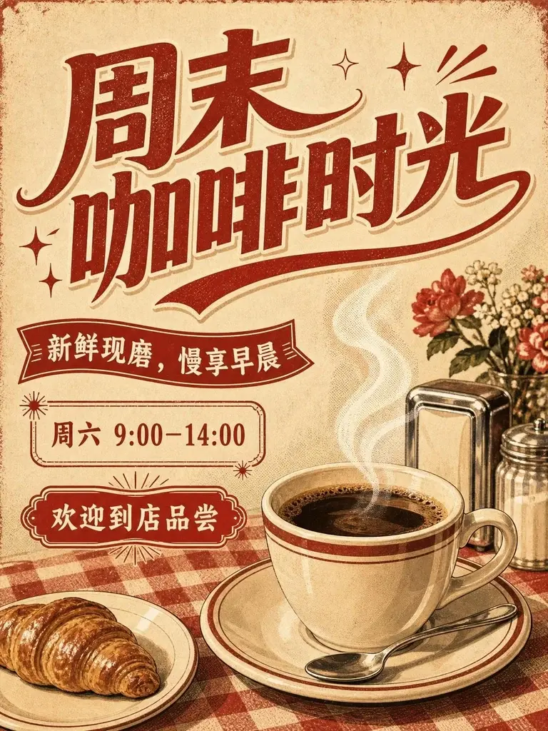 美式餐厅风格的周末咖啡海报,包含热咖啡插画、标题、时间和到店邀请