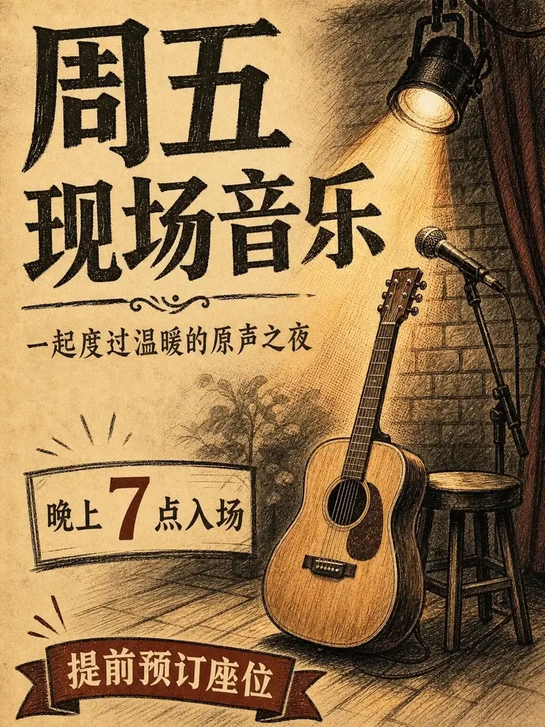 老报纸风格的周五现场音乐海报,包含木吉他插画、活动标题和入场时间