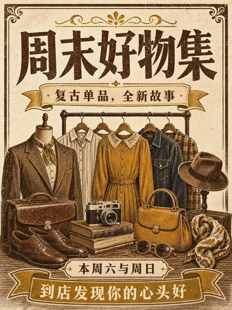 活版印刷风格的周末好物集海报,包含复古服装与配饰插画、日期和到店邀请